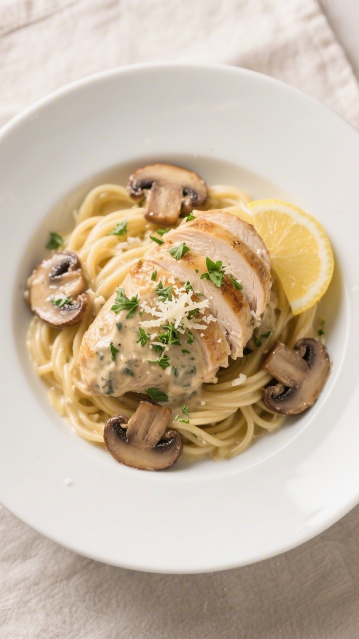 Final dish, top view: Overhead shot of Creamy Mushroom Chicken plated on a wide, shallow white bowl 