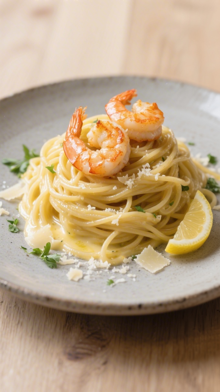 Final plated, close-up presentation: Twirled nest of spaghetti coated in a silky lemon-butter emulsi