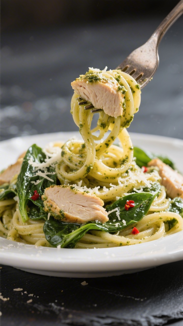 Final plated detail: Extreme close-up of a twirled forkful resting atop the plated Chicken Pesto Pas