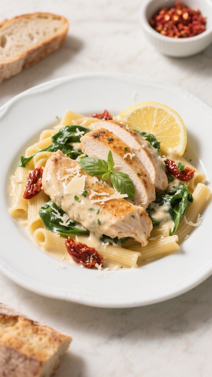 Final plated dish: Beautifully plated Creamy Tuscan Chicken on a wide, shallow white plate—two sli