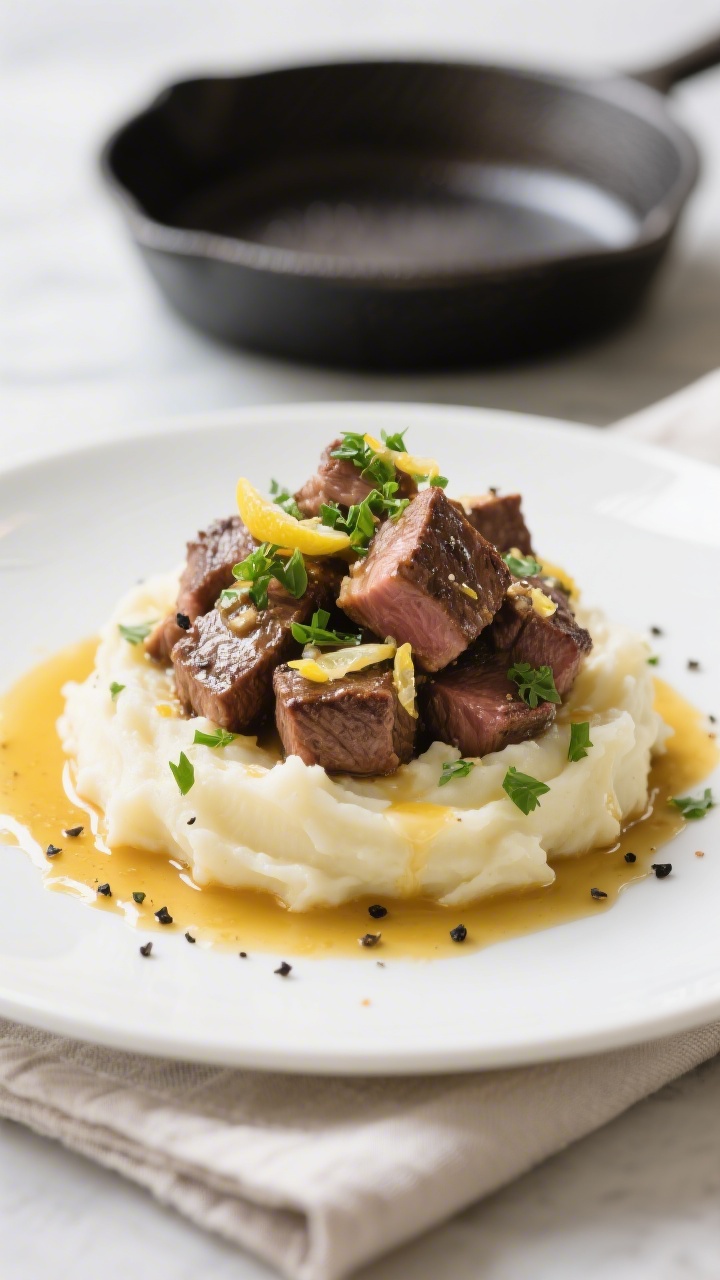 Final plated dish: Beautifully plated Garlic Butter Steak Bites piled over creamy mashed potatoes on