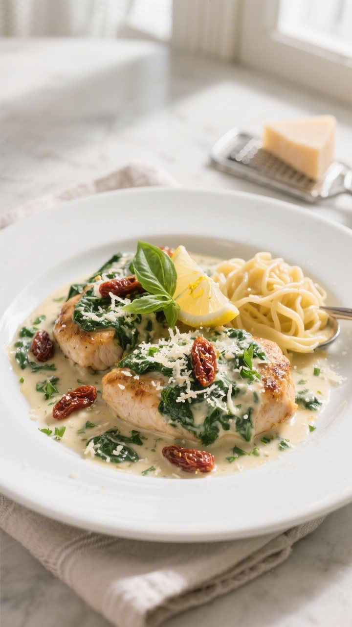 Final plated dish beauty shot: Creamy Spinach Chicken Skillet elegantly plated on a wide white ceram