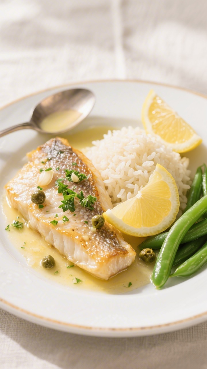 Final plated dish beauty shot: Lemon Garlic Tilapia plated on a white rimmed plate with a glossy, ta