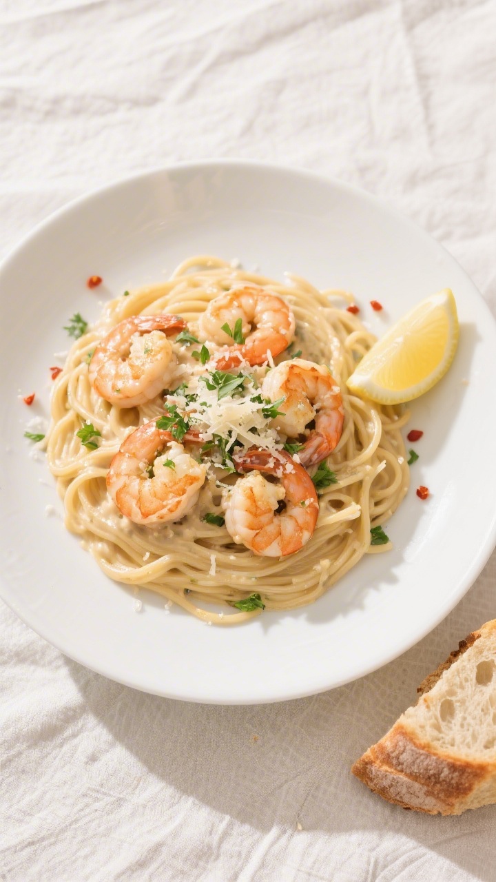 Final plated overhead: Creamy garlic shrimp served over twirl of linguine on a wide, matte white pla