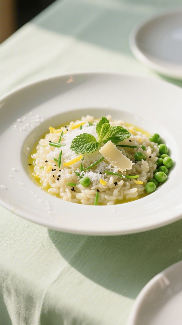 Final plated presentation: Beautifully plated spring pea risotto in a wide, shallow white bowl, soft