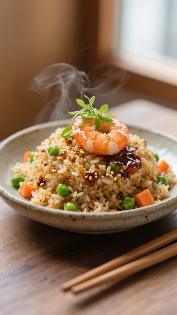 Final plated presentation, hero shot: Beautifully plated shrimp fried rice mounded in a shallow ston