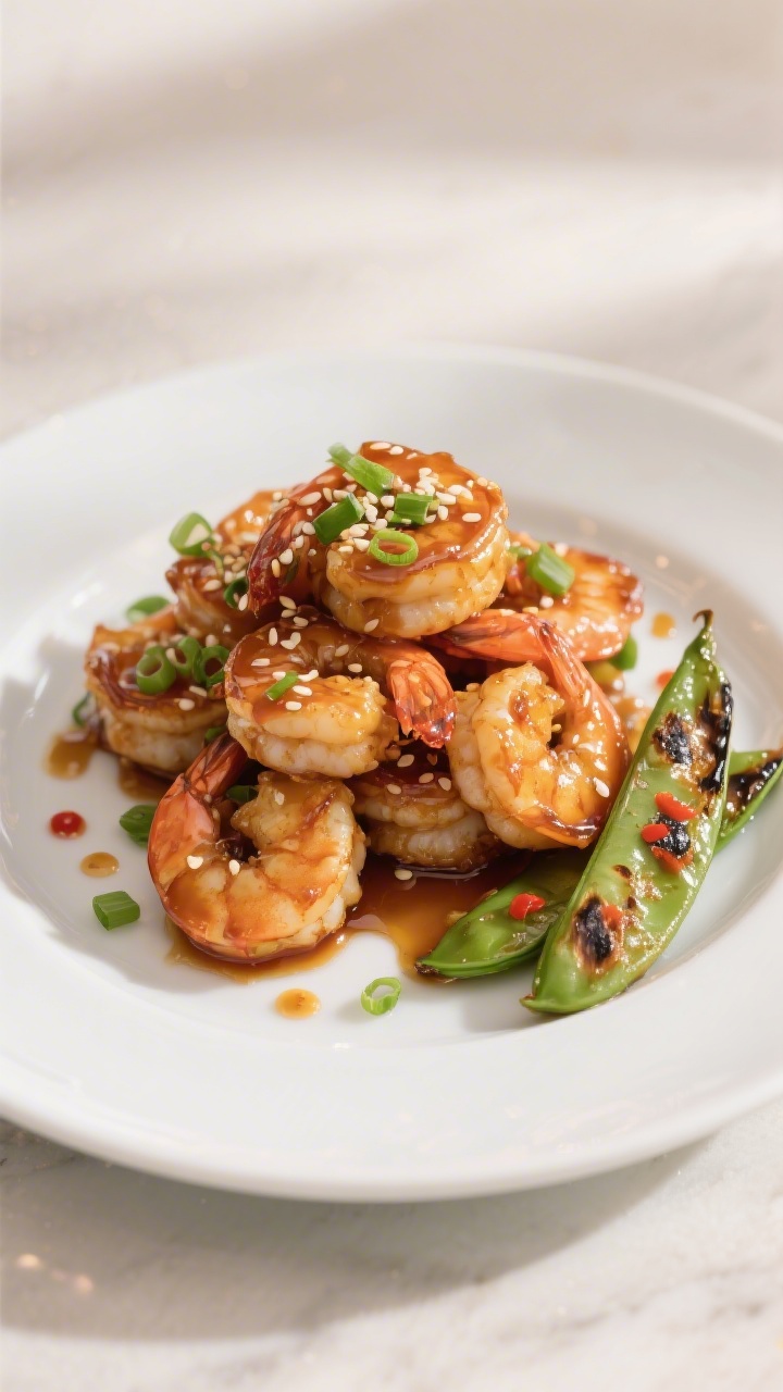 Final plated restaurant-quality presentation: honey garlic shrimp piled high with a rich, clingy gla