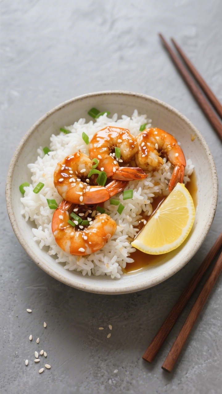 Overhead “tasty top view” of honey garlic shrimp served over steamed jasmine rice: shrimp coated