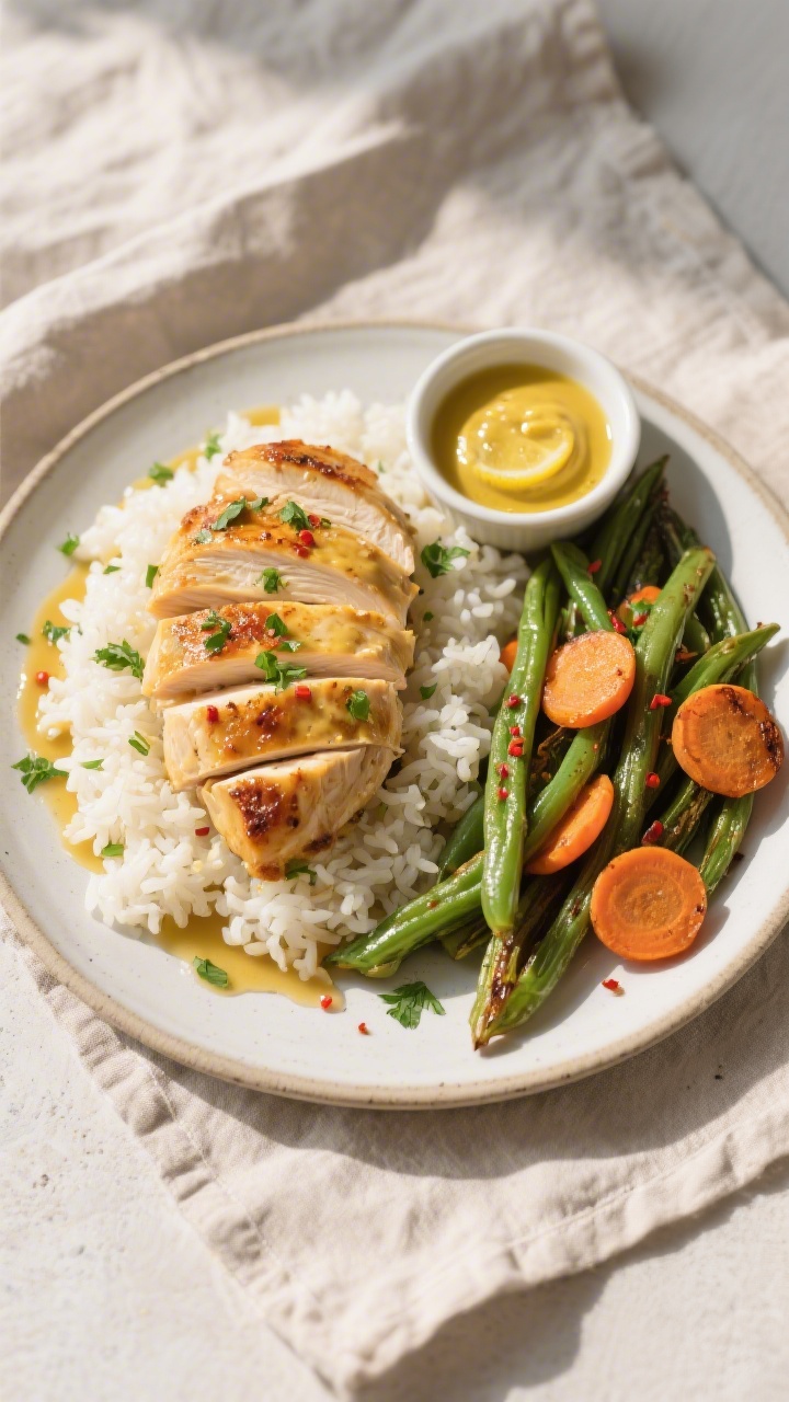 Overhead tasty top view of the final plated Honey Mustard Baked Chicken breast sliced and fanned ove