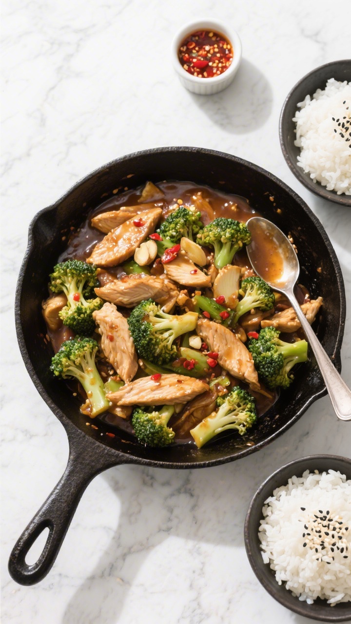 Overhead “tasty top view”: Top-down shot of Chicken and Broccoli Stir Fry served family-style in