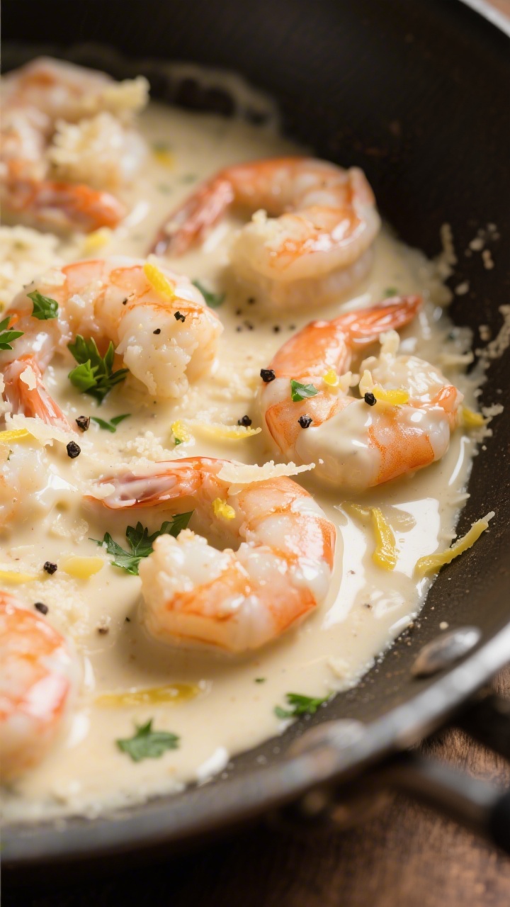 Saucy detail macro: Creamy garlic-Parmesan sauce clinging to plump shrimp in the pan after deglazing