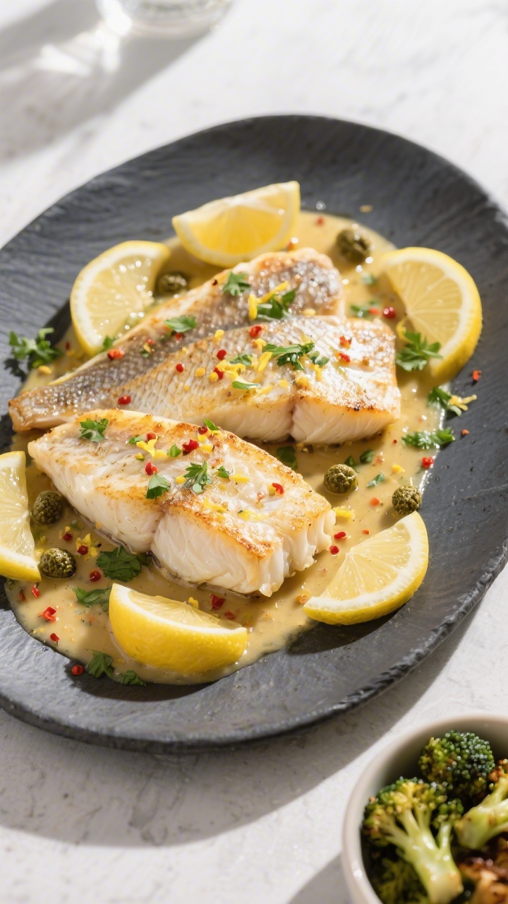 Tasty overhead view: Top-down shot of the finished tilapia on a dark slate or matte ceramic platter,