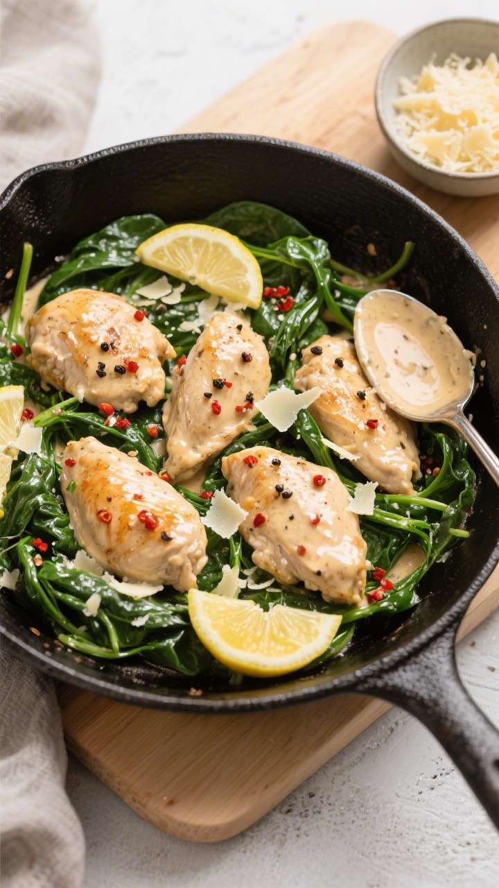 Tasty top-down skillet view: Overhead shot of the finished one-pan dish in a matte black skillet—c