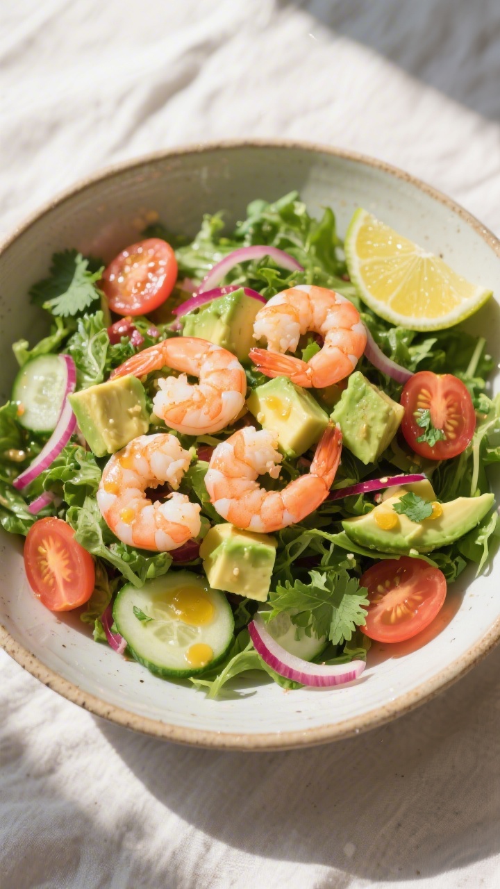 Tasty top view – composed salad bowl: Overhead shot of Shrimp and Avocado Salad in a wide, shallow