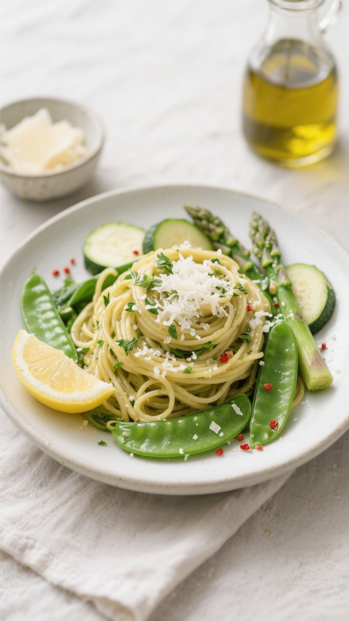 Tasty top view (final plated): Overhead shot of Spring Vegetable Pasta twirled into a neat nest on a