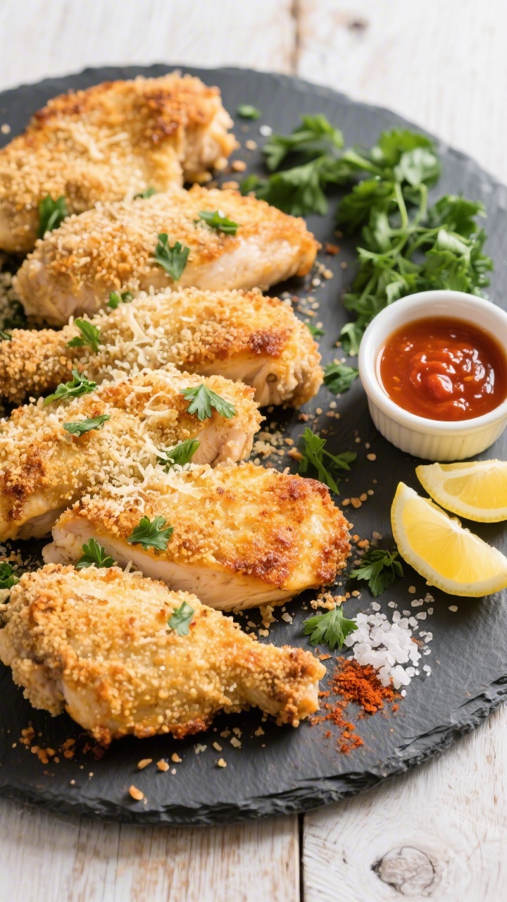 Tasty top view (overhead): Overhead shot of a family-style platter of Baked Parmesan Chicken breasts