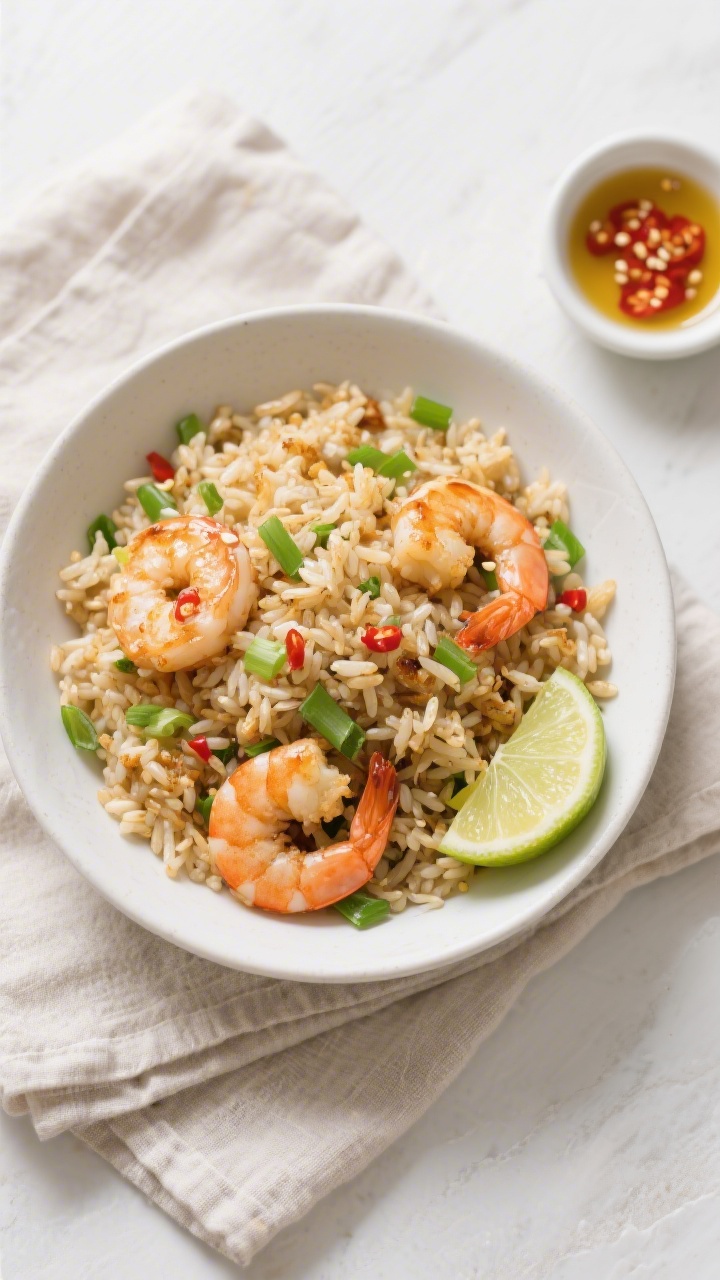 Tasty top view, overhead: Overhead shot of shrimp fried rice after tossing with sesame oil, showing 