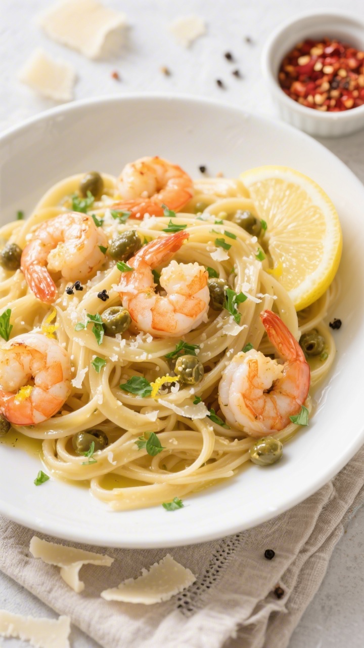 Tasty top view, overhead shot: Lemon Butter Shrimp Pasta in a wide, shallow white bowl—linguine st