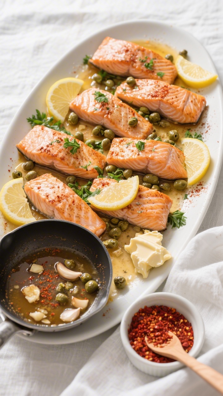 Tasty top view: Overhead shot of a family-style platter with multiple cooked salmon fillets finished