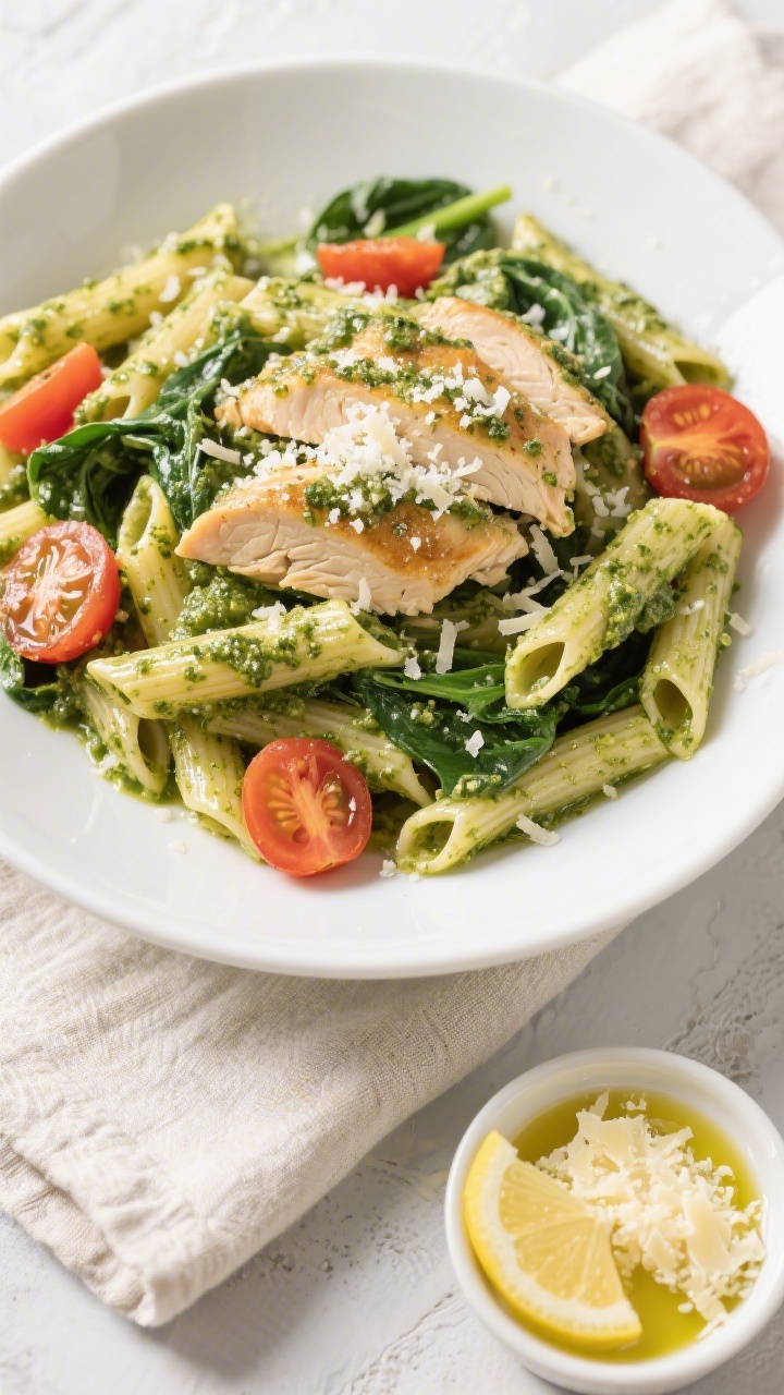 Tasty top view: Overhead shot of Chicken Pesto Pasta in a wide, shallow white bowl—al dente penne 