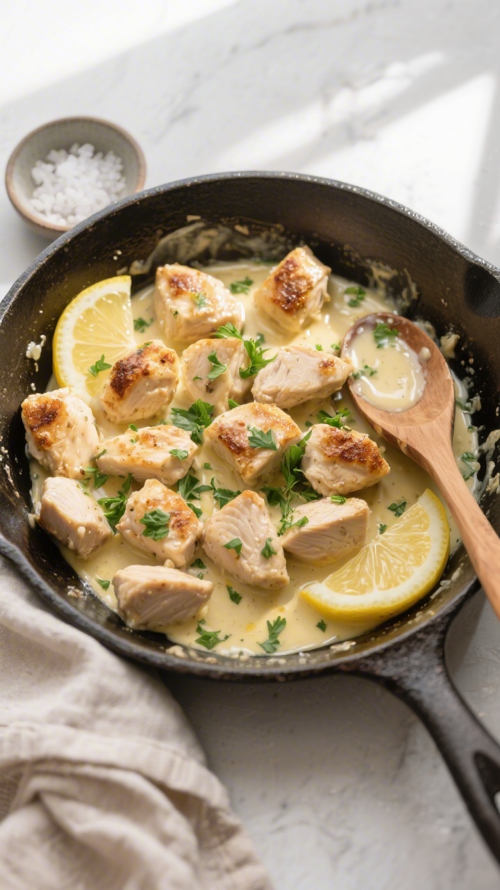 Tasty top view: Overhead shot of Garlic Butter Chicken Bites tossed with a silky lemon-garlic butter