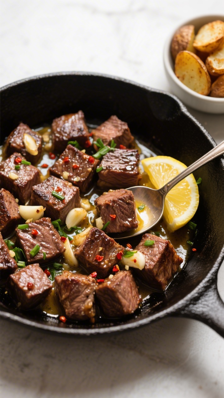 Tasty top view: Overhead shot of Garlic Butter Steak Bites served family-style in a shallow black sk