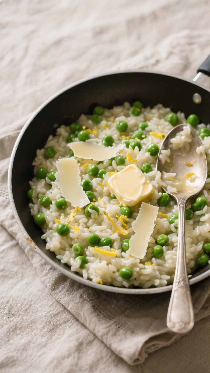 Tasty top view: Overhead shot of spring pea risotto just finished in the pan—loose and glossy, stu