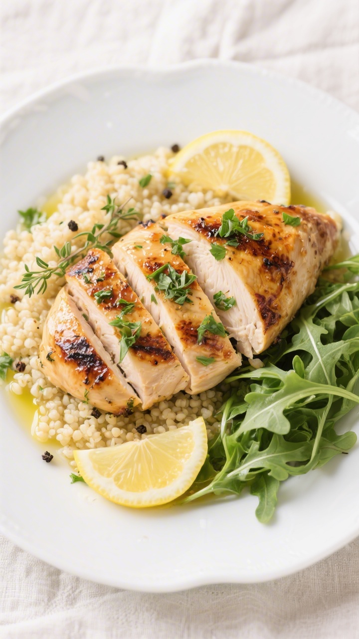 Tasty top view: Overhead shot of the final plated Lemon Herb Grilled Chicken, sliced and fanned over