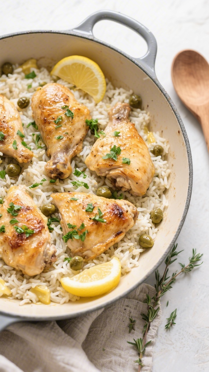 Tasty top view: Overhead shot of the finished one-pan lemon chicken and rice, chicken arranged skin-