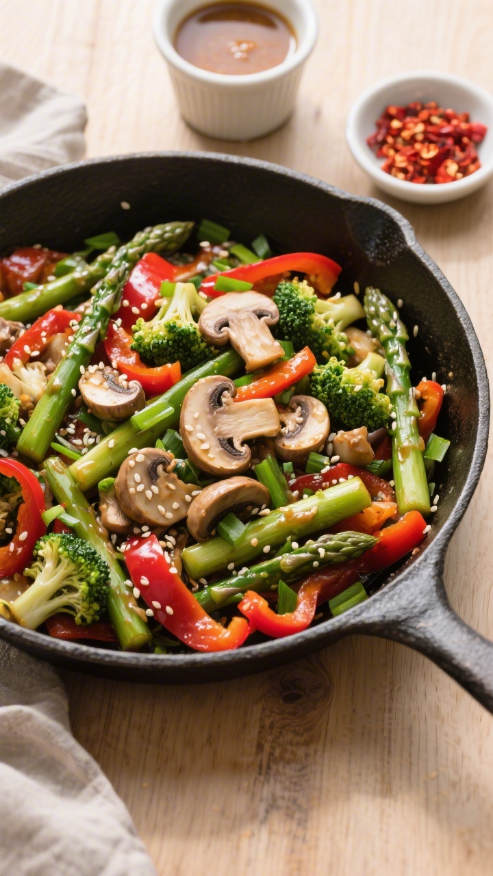 Tasty top view: Overhead shot of the finished Spring Vegetable Stir Fry served family-style in a sha