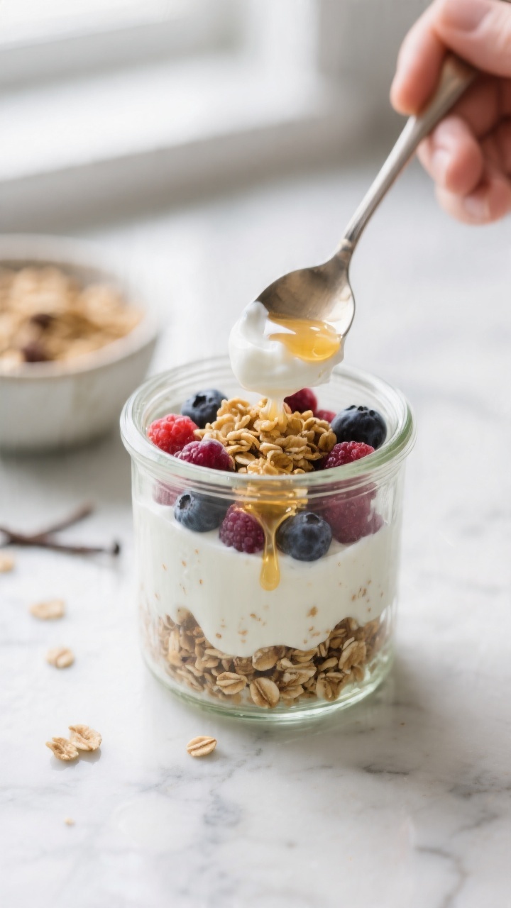 Close-up detail: A clear glass jar being layered with thick Greek yogurt, jewel-toned mixed berries,