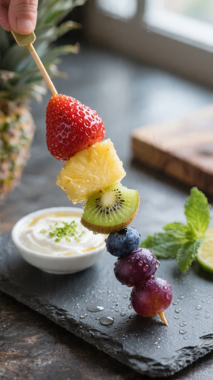 Close-up detail: A finished fruit kabob being lifted slightly off a slate board, showcasing glossy s