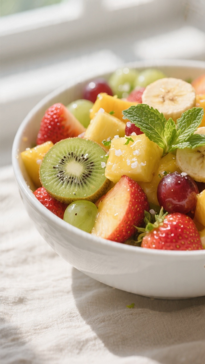 Close-up detail: A glossy bowl of prepared summer fruit salad just after tossing—strawberries, hal