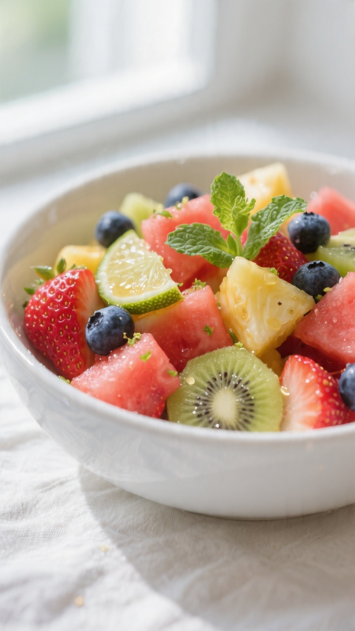 Close-up detail: A glossy bowl of prepared summer fruit salad just after tossing—juicy strawberry 