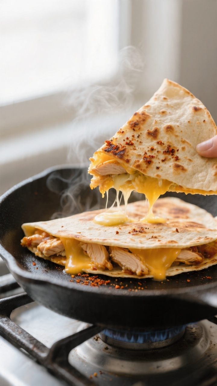 Close-up detail: A golden-brown chicken and cheese quesadilla just flipped in a cast-iron skillet, e