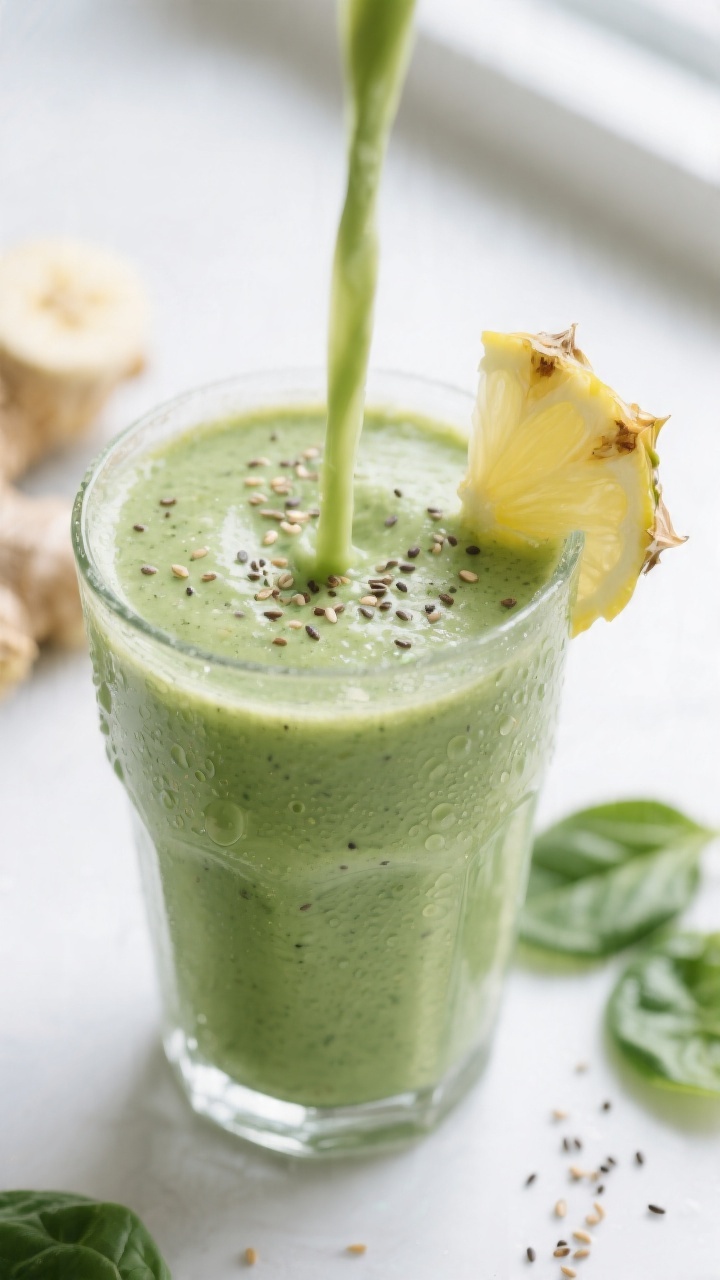 Close-up detail: A just-blended “Green Glow” smoothie poured into a clear glass, thick and velve