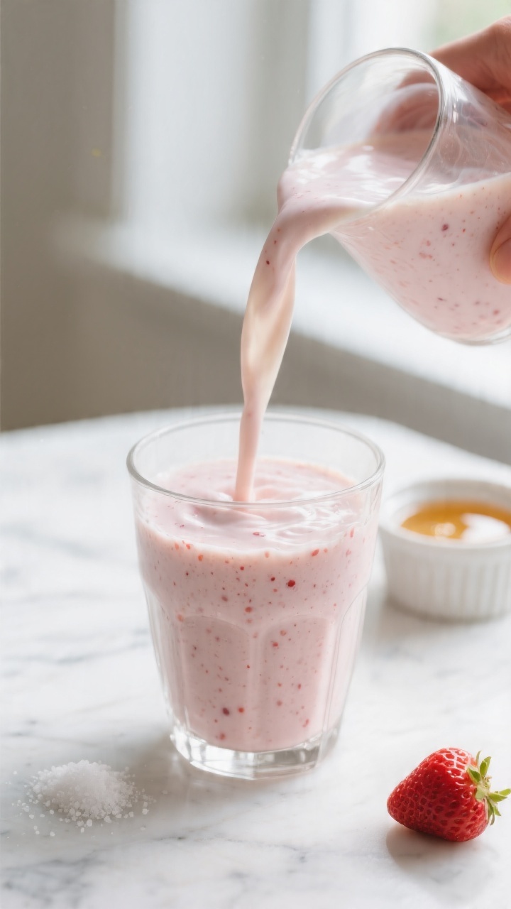 Close-up detail: A just-blended strawberry banana smoothie being poured in a silky ribbon into a chi