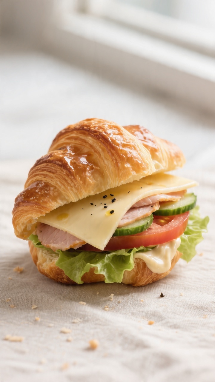 Close-up detail: A mini croissant sandwich just assembled and secured, showcasing glossy, buttery fl