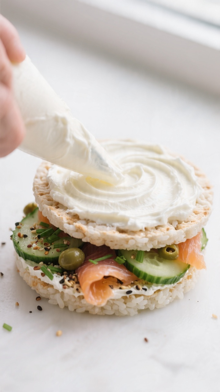 Close-up detail: A rice cake sandwich mid-assembly with softened whipped cream cheese being spread e
