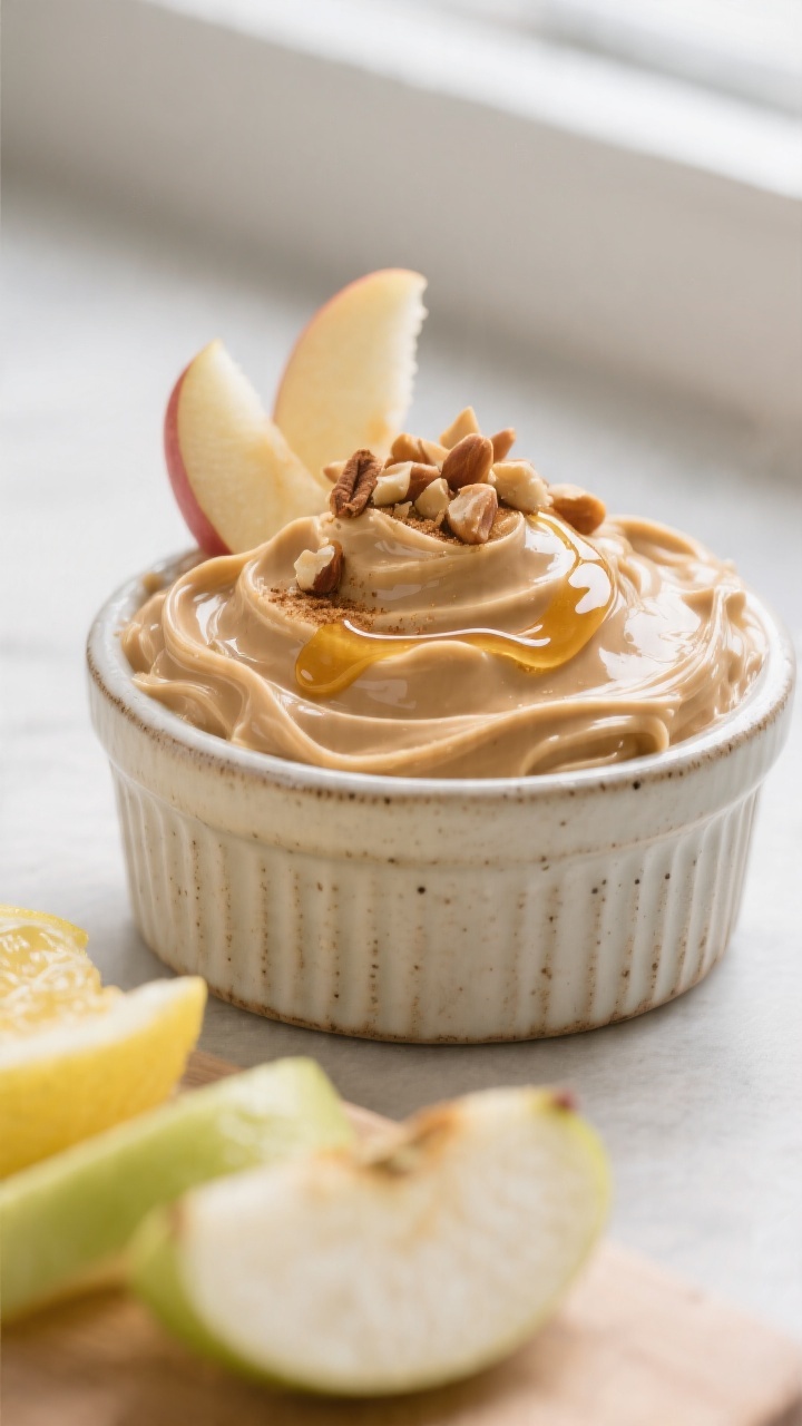 Close-up detail: A small ceramic ramekin of creamy peanut butter–Greek yogurt dip, swirled to glos