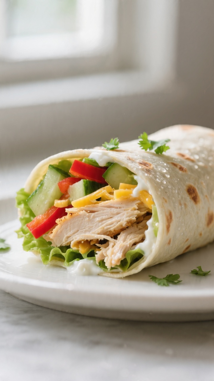 Close-up detail: A snug mini chicken wrap sliced on the bias to reveal juicy shredded rotisserie chi