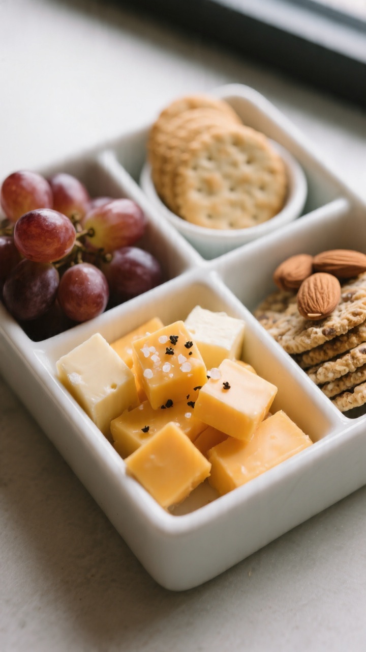 Close-up detail: Bite-size cubes of sharp cheddar, Swiss, and pepper jack nestled in a divided snack
