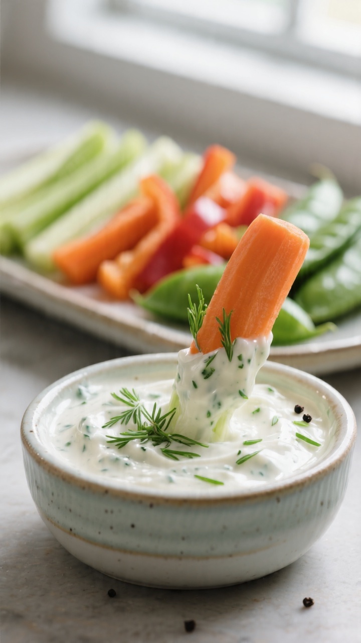 Close-up detail: Creamy ranch dip clinging to a crisp carrot and cucumber spear mid-dip, flecks of f