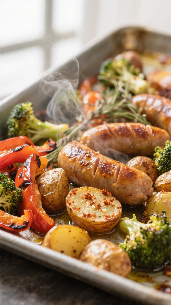 Close-up detail: Golden-browned sausage coins nestled among caramelized baby potatoes, blistered bel