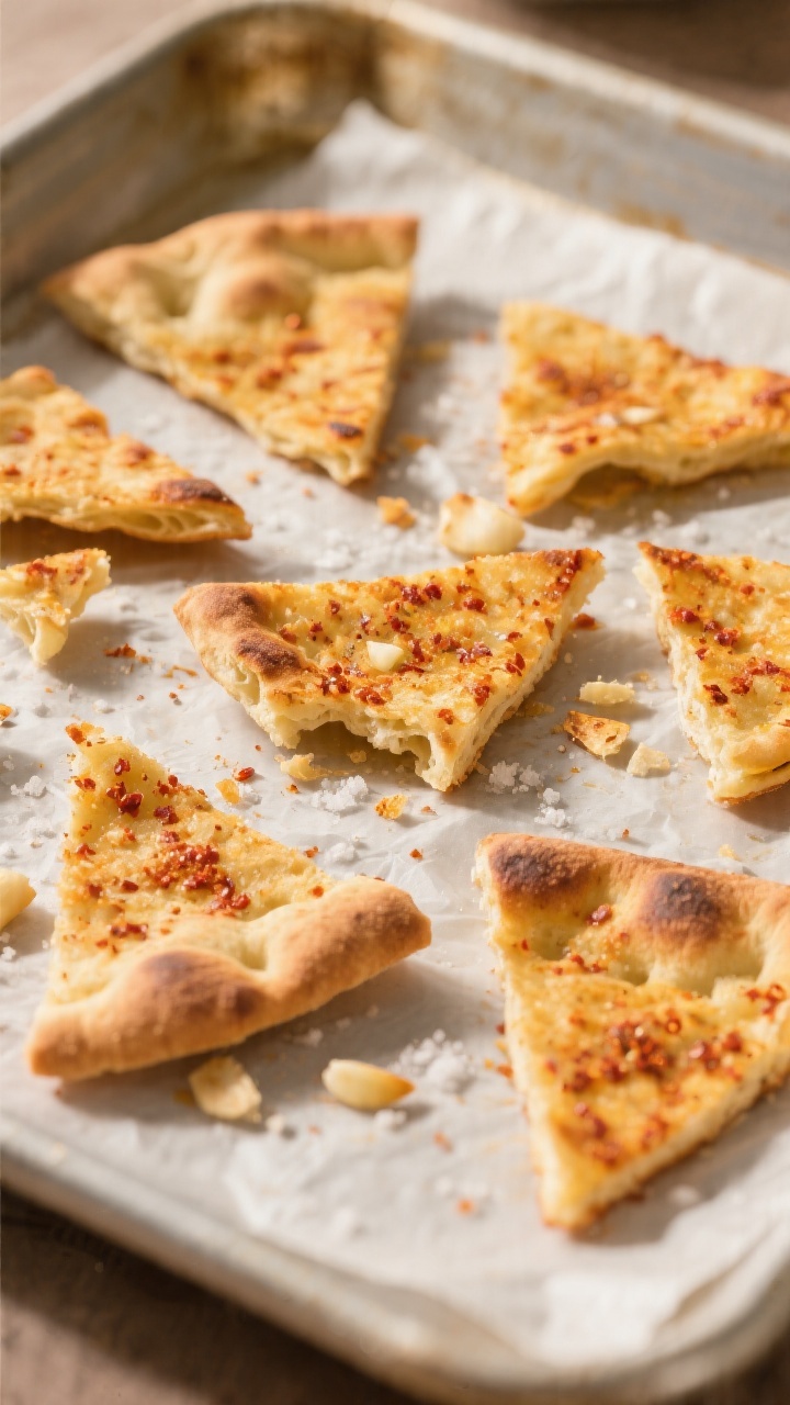 Close-up detail: Golden “crispers” fresh from the oven—seasoned pita triangles with visible pa