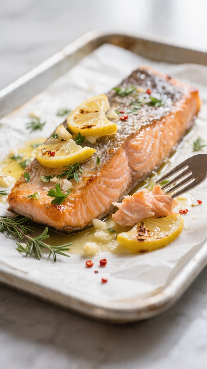 Close-up detail: Just-baked lemon herb salmon fillet on a parchment-lined sheet pan at 400°F, skin-