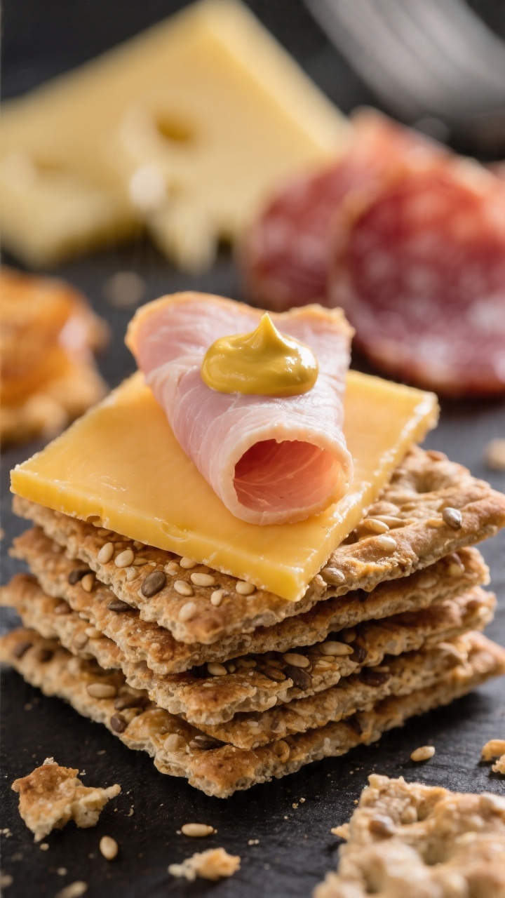 Close-up detail of a built cracker stack: whole grain seeded cracker topped with a slice of sharp ch