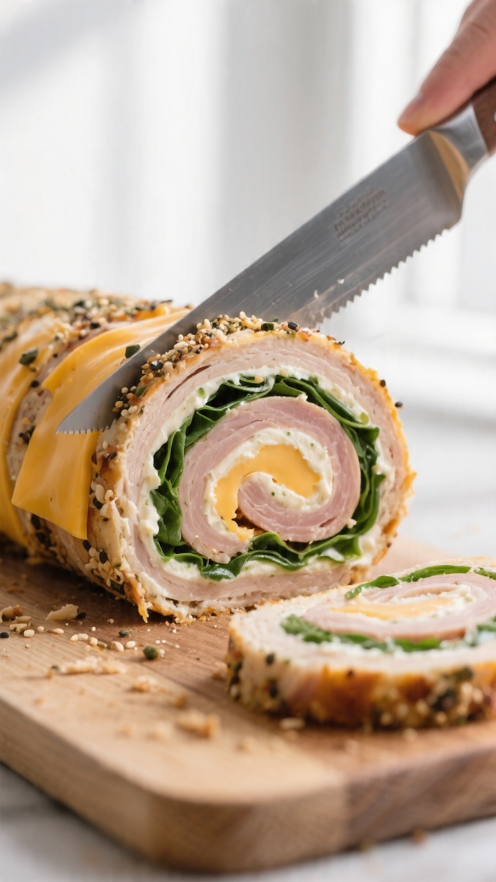 Close-up detail shot: A tightly rolled turkey and cheese pinwheel log just after chilling, being sli