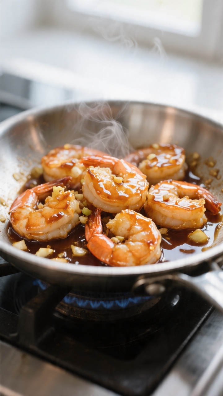 Close-up detail shot: Glossy honey-garlic shrimp just coated in thickened sauce in a stainless steel