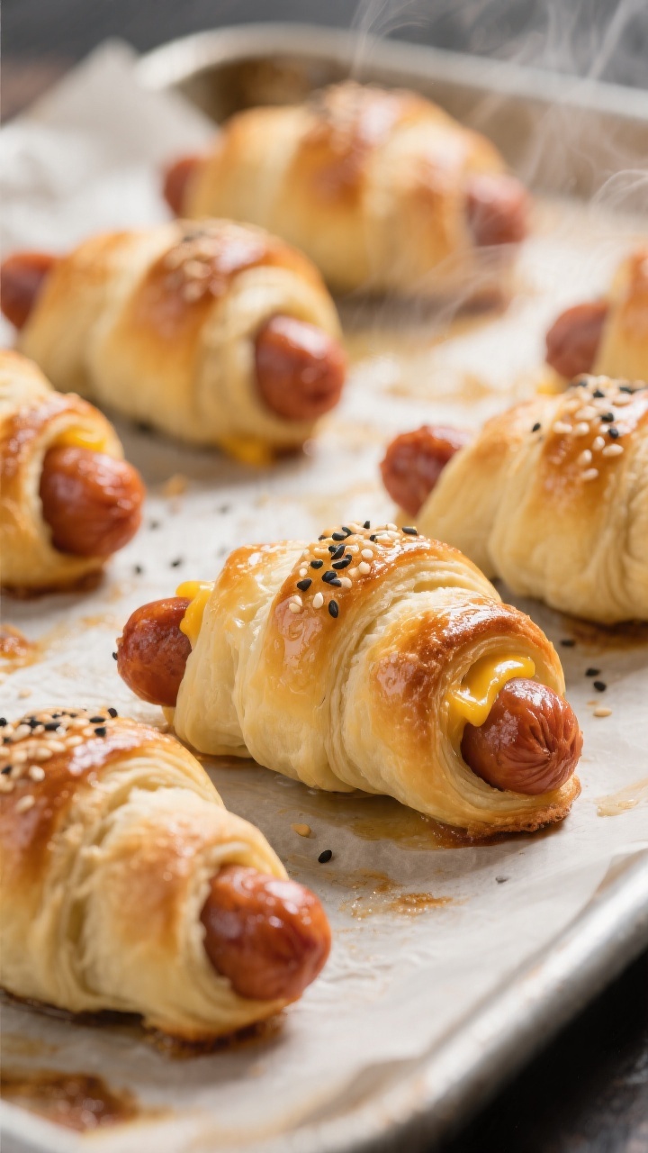 Close-up detail shot of freshly baked mini hot dogs (pigs in a blanket) just out of the oven, cresce